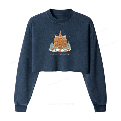 Pagewings Gingerbread Library Women Washed Crop Sweatshirt