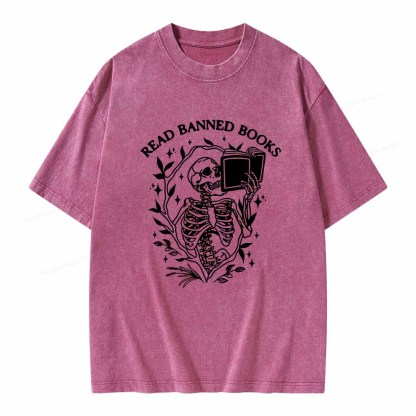 Pagewings Read Banned Books Skeleton Halloween Goth Protest T-Shirt Unisex Washed T-shirt