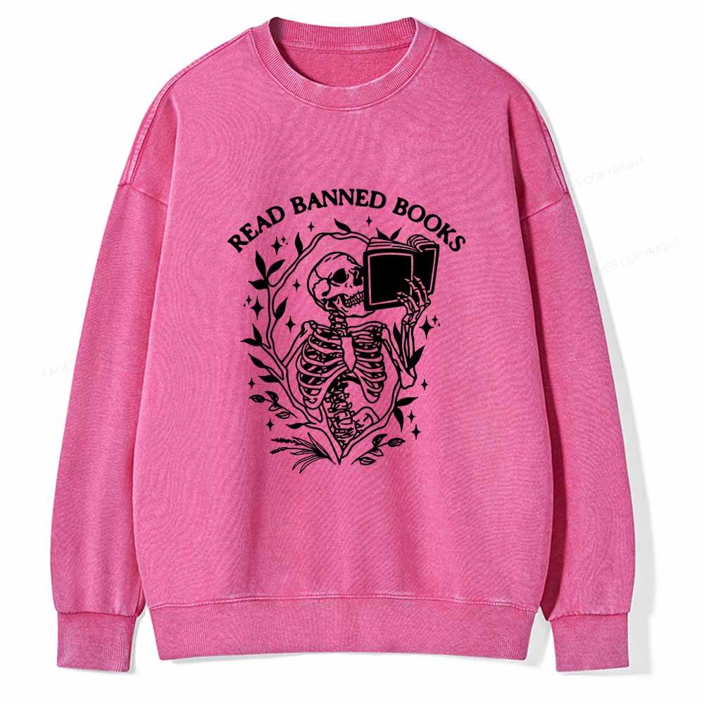 Pagewings Read Banned Books Skeleton Halloween Goth Protest T-Shirt Unisex Washed Sweatshirt