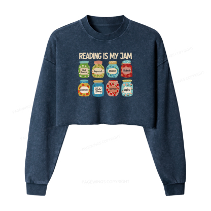 Pagewings Reading is My Jam Bookworm Women Washed Crop Sweatshirt