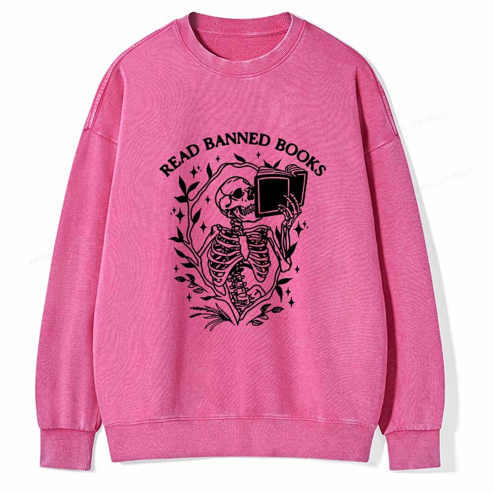 Pagewings Read Banned Books Skeleton Halloween Goth Protest T-Shirt Unisex Washed Sweatshirt
