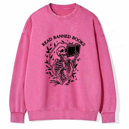 Pagewings Read Banned Books Skeleton Halloween Goth Protest T-Shirt Unisex Washed Sweatshirt