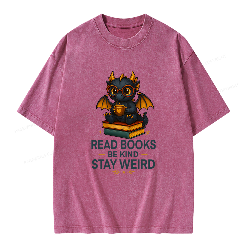Pagewings Funny Dragon Read Books Be Kind Stay Weird Unisex Washed T-shirt