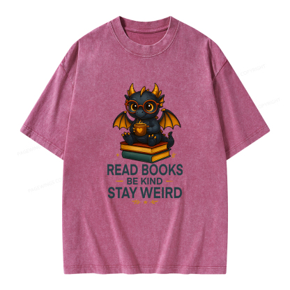 Pagewings Funny Dragon Read Books Be Kind Stay Weird Unisex Washed T-shirt