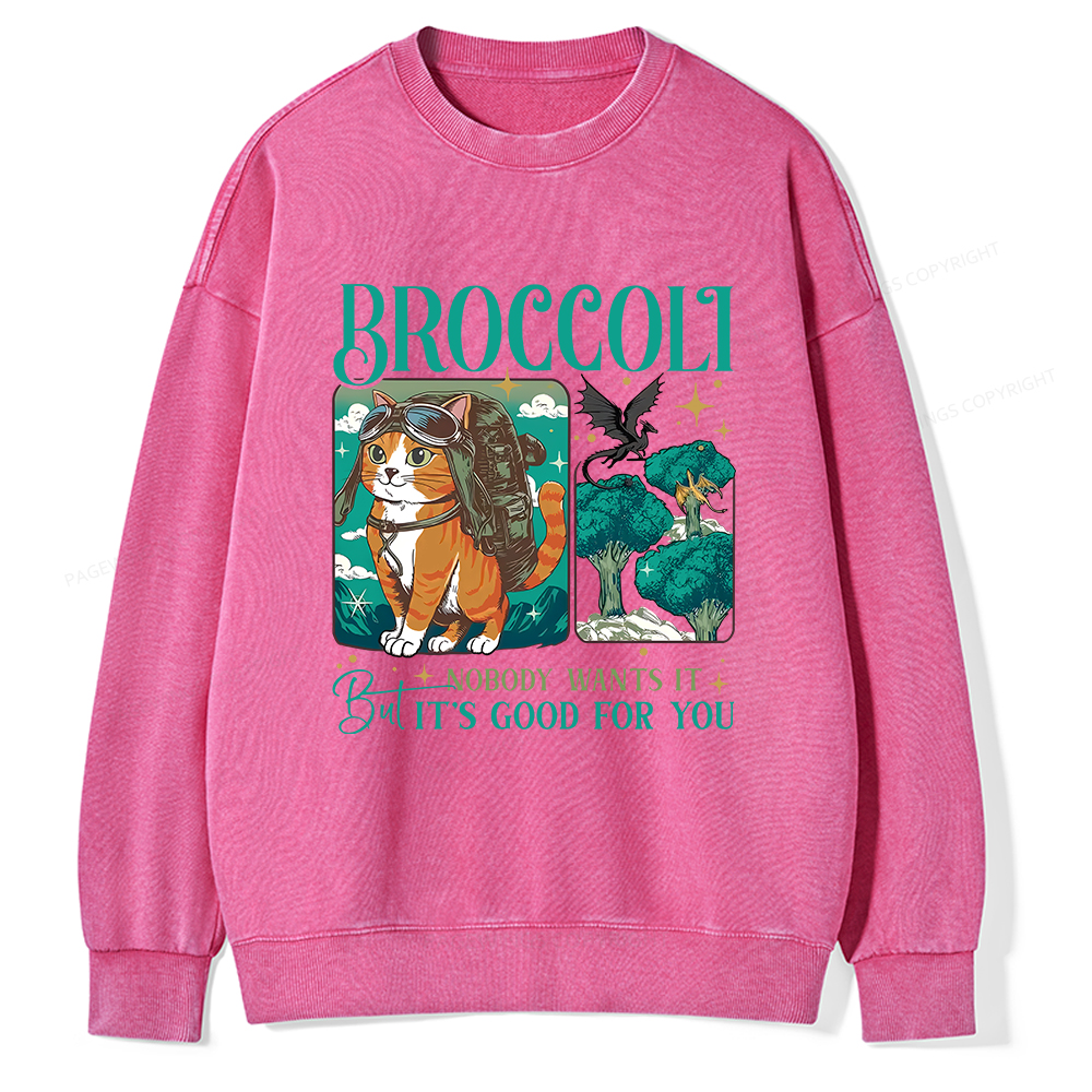 Pagewings Onyx Storm Broccoli Cat Unisex Washed Sweatshirt