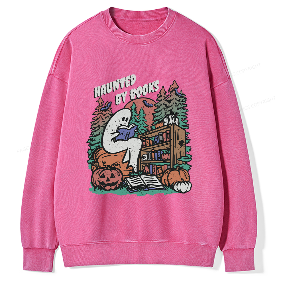 Pagewings Ghost Reading Book Halloween Unisex Washed Sweatshirt