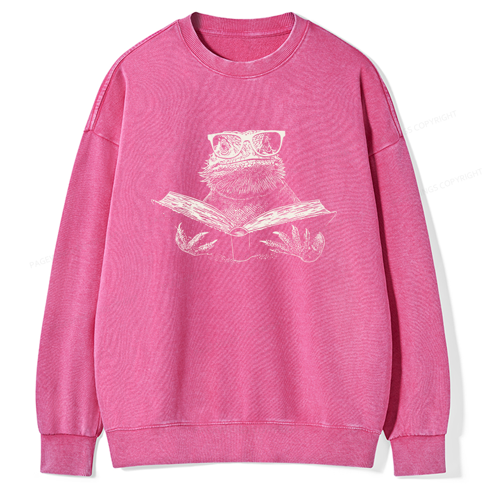 Pagewings Bearded Dragon Reading Unisex Washed Sweatshirt