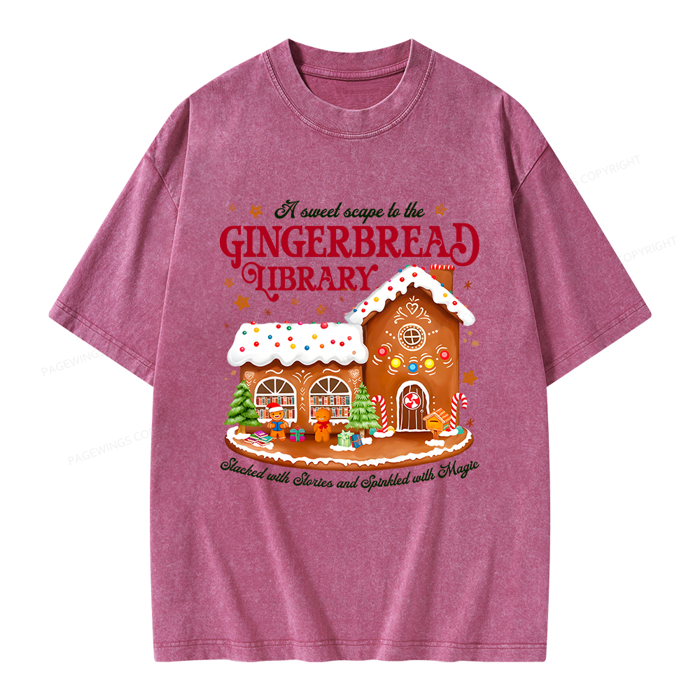 Pagewings Gingerbread Library Christmas Unisex Washed T-shirt
