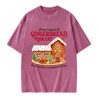 Pagewings Gingerbread Library Christmas Unisex Washed T-shirt