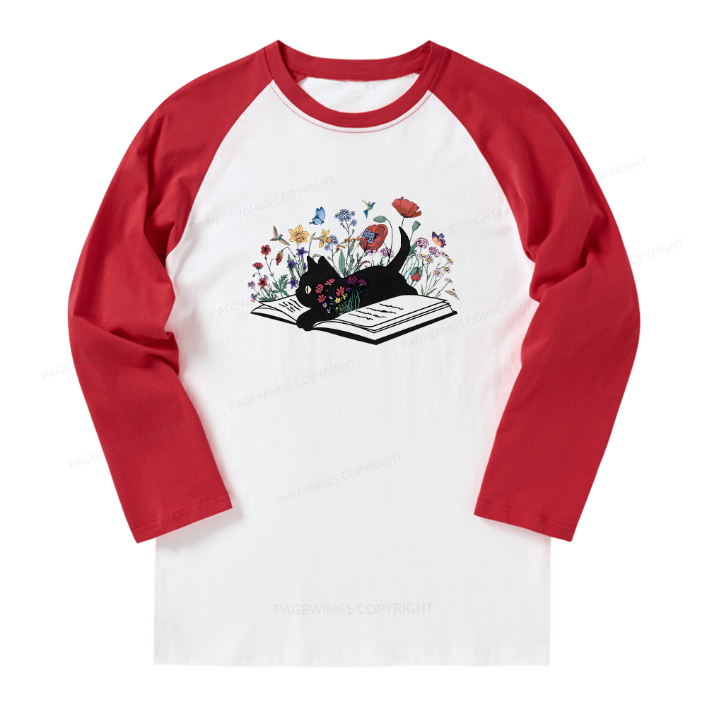 Pagewings Cute Book Cat Long Sleeve Raglan T-shirt