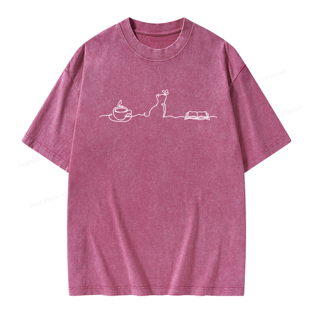Pagewings Coffee Cats And Books Lover Unisex Washed T-shirt