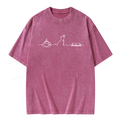 Pagewings Coffee Cats And Books Lover Unisex Washed T-shirt