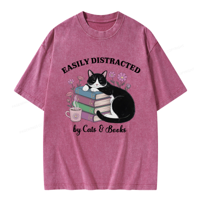 Pagewings Easily Distracted By Cats & Books Unisex Washed T-shirt