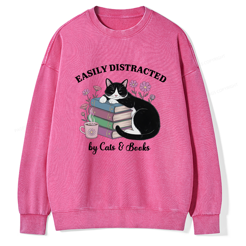 Pagewings Easily Distracted By Cats & Books Unisex Washed Sweatshirt