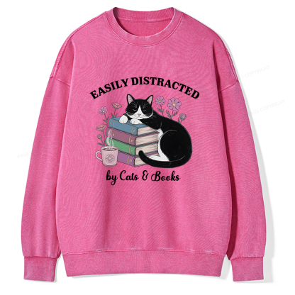 Pagewings Easily Distracted By Cats & Books Unisex Washed Sweatshirt