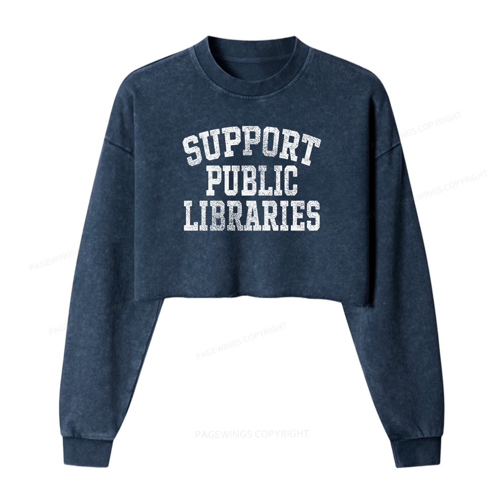 Pagewings Support Public Libraries Women Washed Crop Sweatshirt