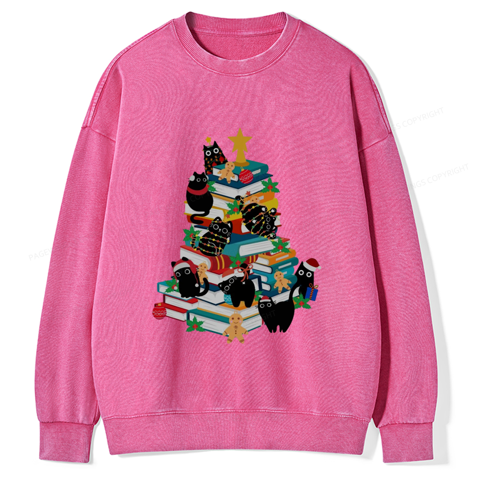 Pagewings Cute Cats Books Christmas Tree Unisex Washed Sweatshirt