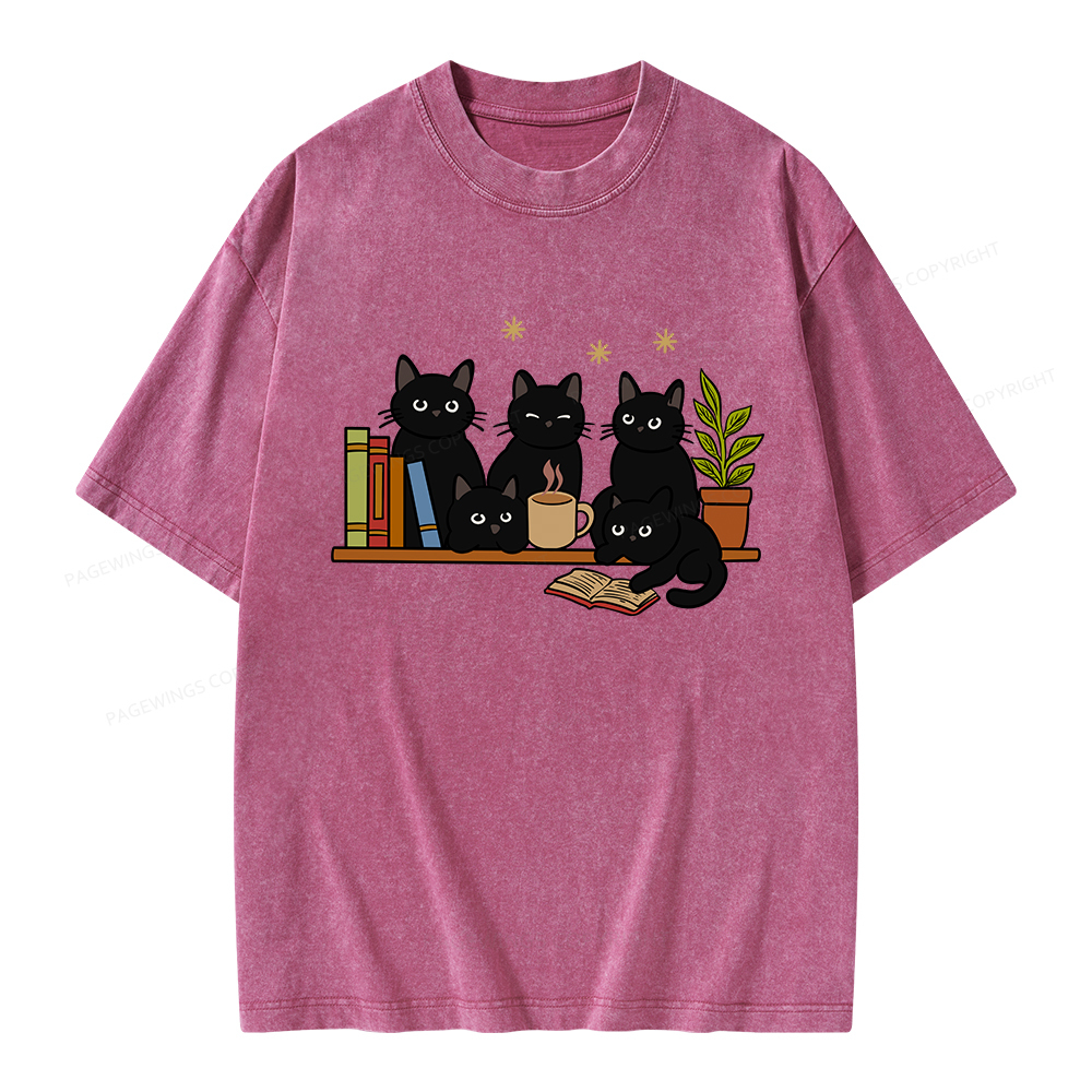 Pagewings Cat On Bookshelf Unisex Washed T-shirt