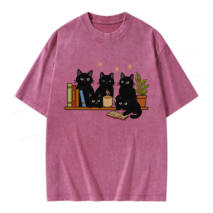 Pagewings Cat On Bookshelf Unisex Washed T-shirt