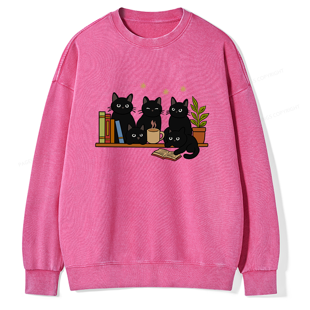 Pagewings Cat On Bookshelf Unisex Washed Sweatshirt