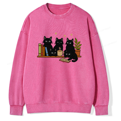 Pagewings Cat On Bookshelf Unisex Washed Sweatshirt