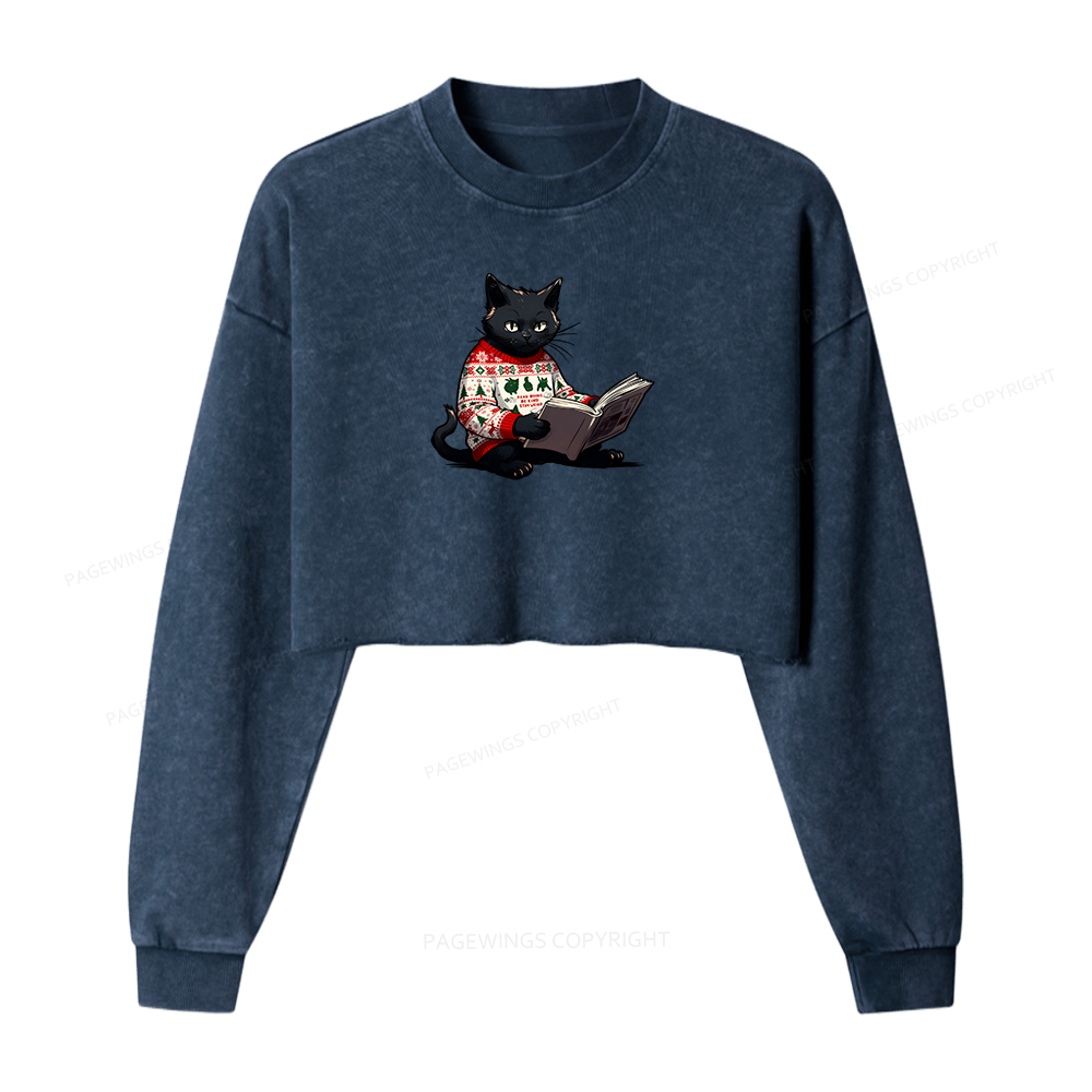Pagewings Just a Cat Who Loves Reading Women Washed Crop Sweatshirt