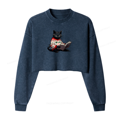 Pagewings Just a Cat Who Loves Reading Women Washed Crop Sweatshirt