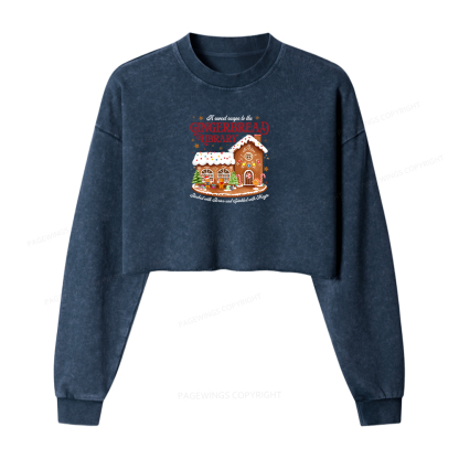 Pagewings Gingerbread Library Christmas Women Washed Crop Sweatshirt