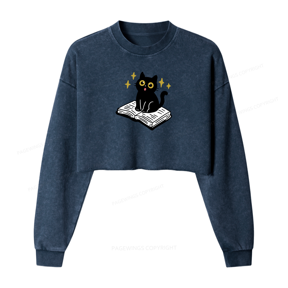 Pagewings Cat Book Women Washed Crop Sweatshirt