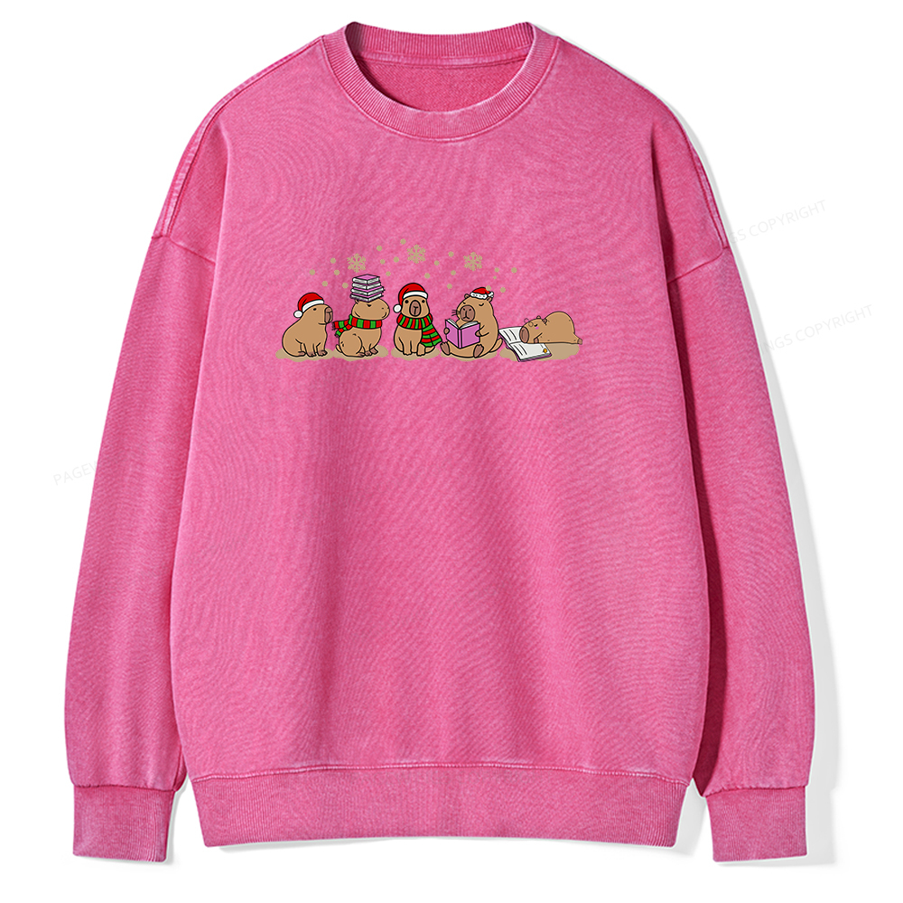 Pagewings Capybara Christmas Reading Unisex Washed Sweatshirt