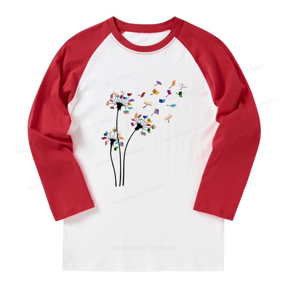 Pagewings Cute Dandelion Books Flower Fly Long Sleeve Raglan T-shirt