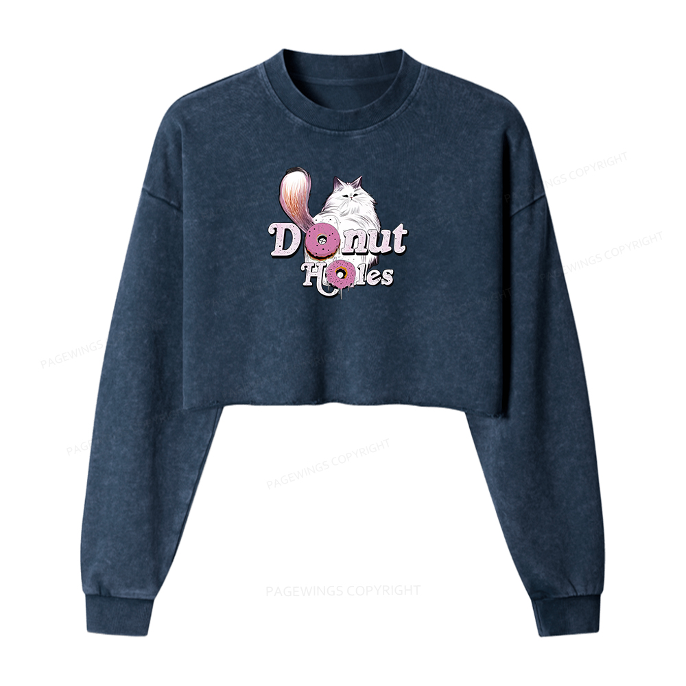 Pagewings Donut Cat Bookish Women Washed Crop Sweatshirt