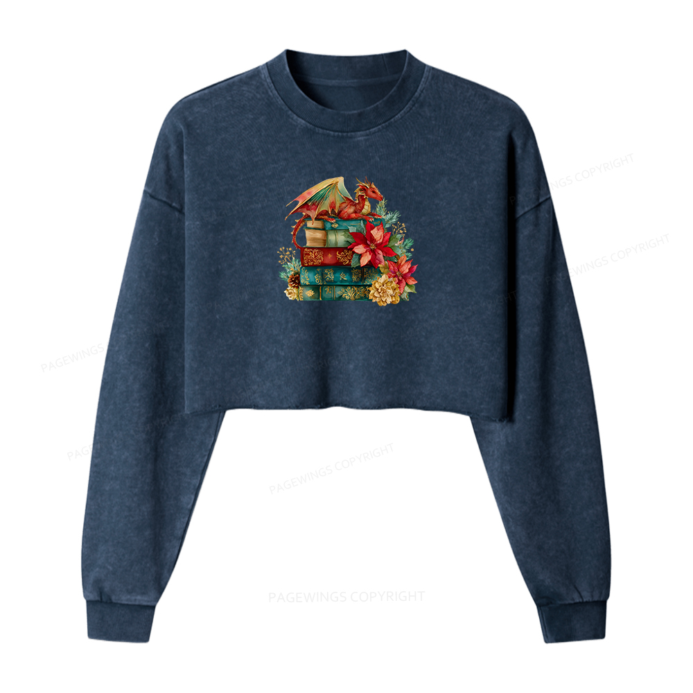 Pagewings Christmas Book Dragon Women Washed Crop Sweatshirt