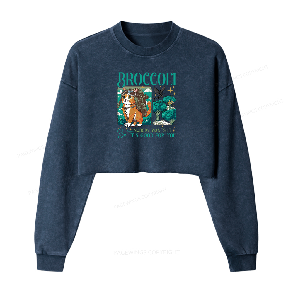 Pagewings Onyx Storm Broccoli Cat Women Washed Crop Sweatshirt