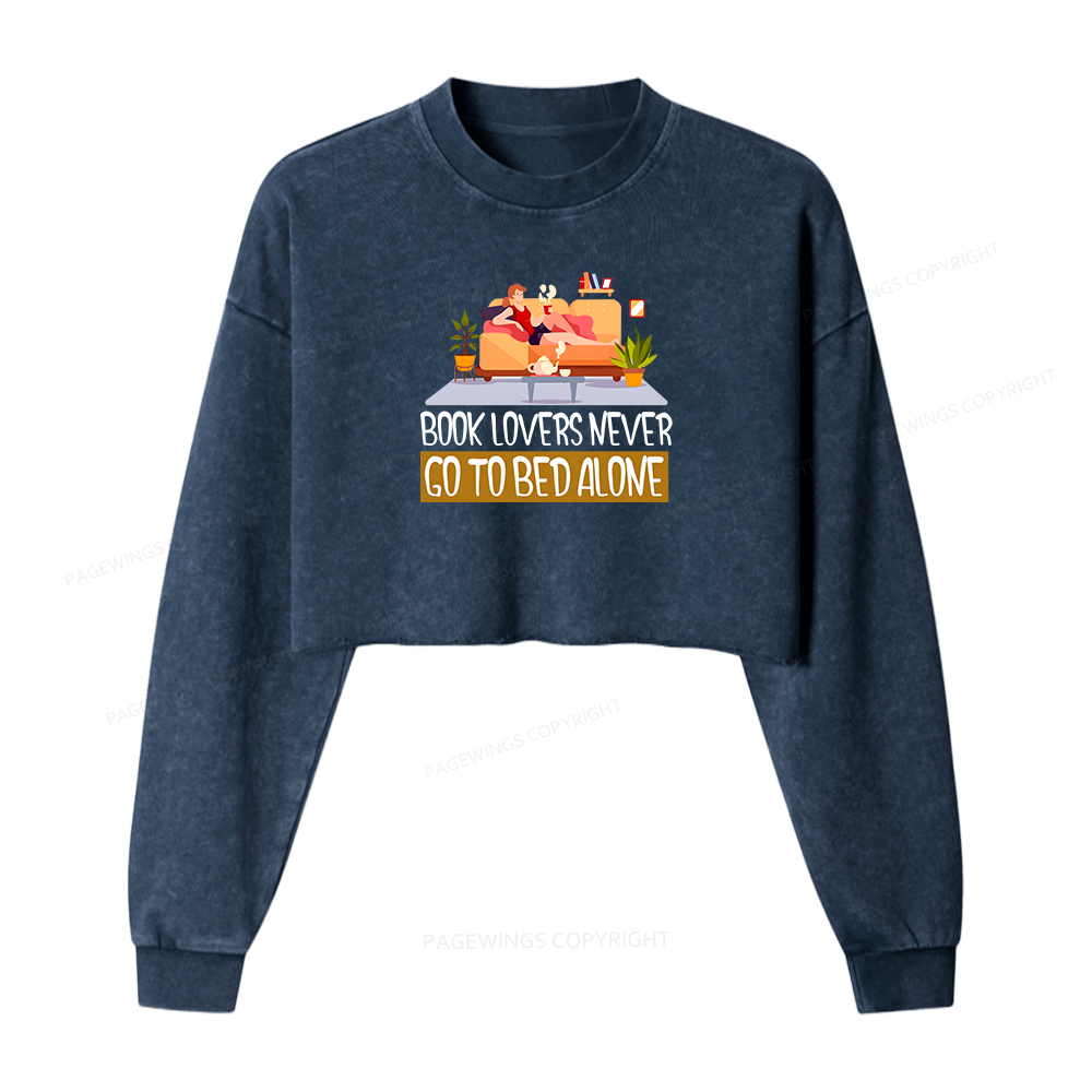 Pagewings Book Lovers Never Go To Bed Alone Women Washed Crop Sweatshirt