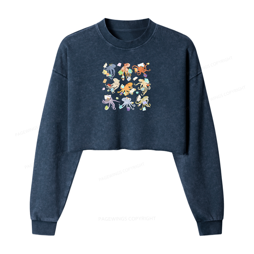 Pagewings Reading Octopuses Women Washed Crop Sweatshirt