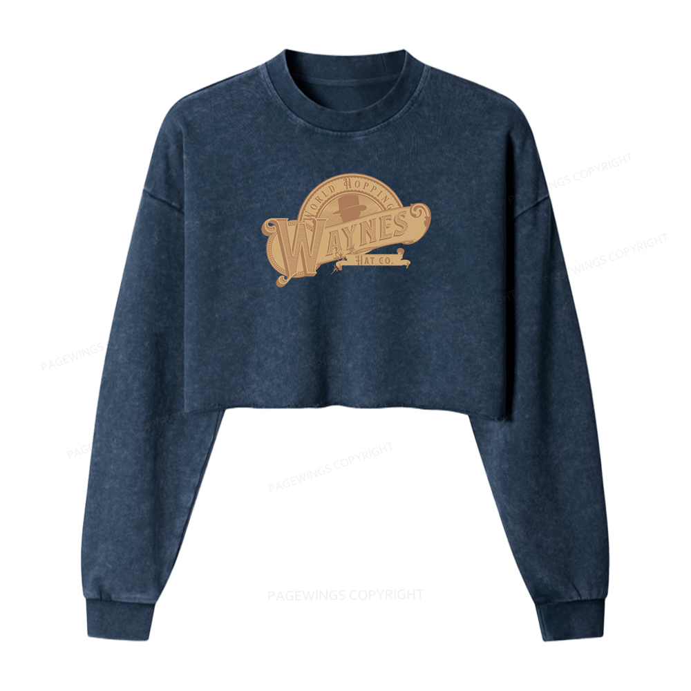 Pagewings World Hopping Waynes Hat Co Women Washed Crop Sweatshirt