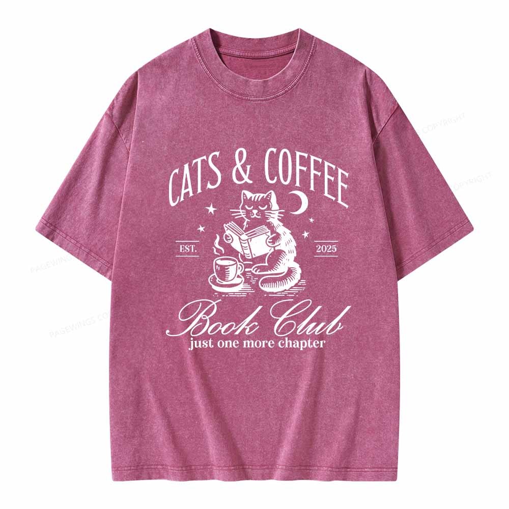 Pagewings Cats and Coffee Bookclub Unisex Washed T-shirt