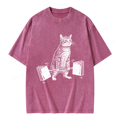 Pagewings Funny Cat Love Books Unisex Washed T-shirt