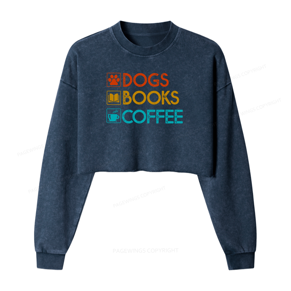 Pagewings Dogs Books Coffee Women Washed Crop Sweatshirt