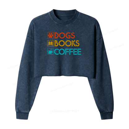 Pagewings Dogs Books Coffee Women Washed Crop Sweatshirt