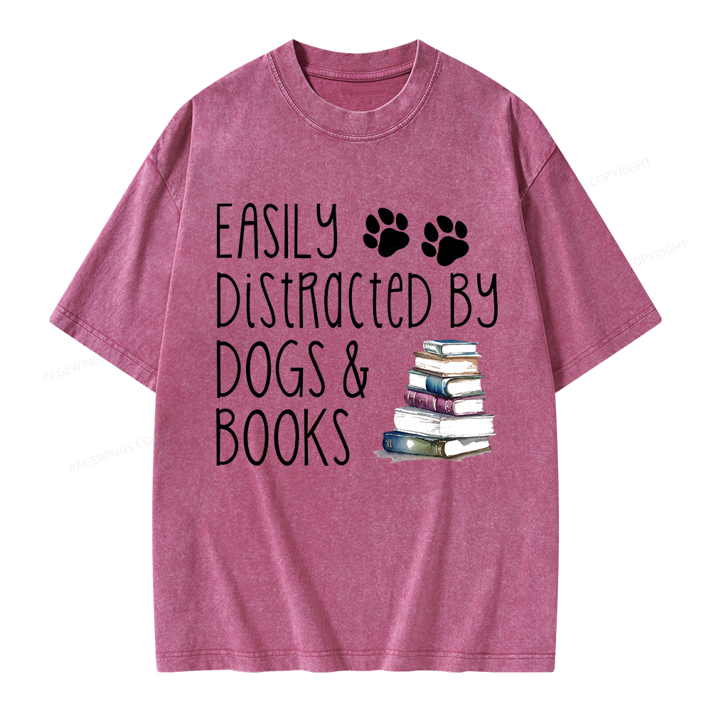 Pagewings Easily Distracted By Dogs And Books Unisex Washed T-shirt
