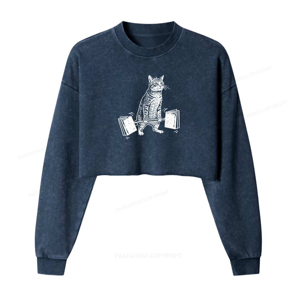 Pagewings Funny Cat Love Books Women Washed Crop Sweatshirt