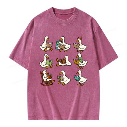Pagewings Cute Goose Reading Unisex Washed T-shirt