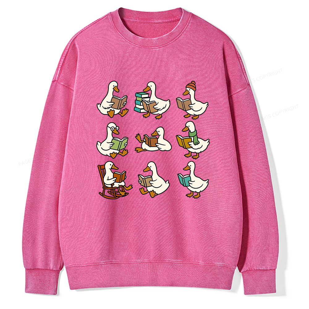 Pagewings Cute Goose Reading Unisex Washed Sweatshirt