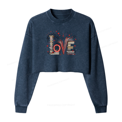 Pagewings Love Books Women Washed Crop Sweatshirt