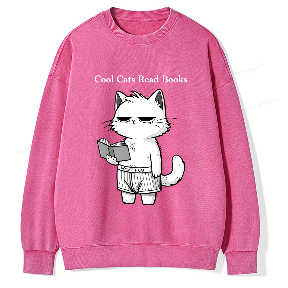 Pagewings Cool Cats Read Books Unisex Washed Sweatshirt