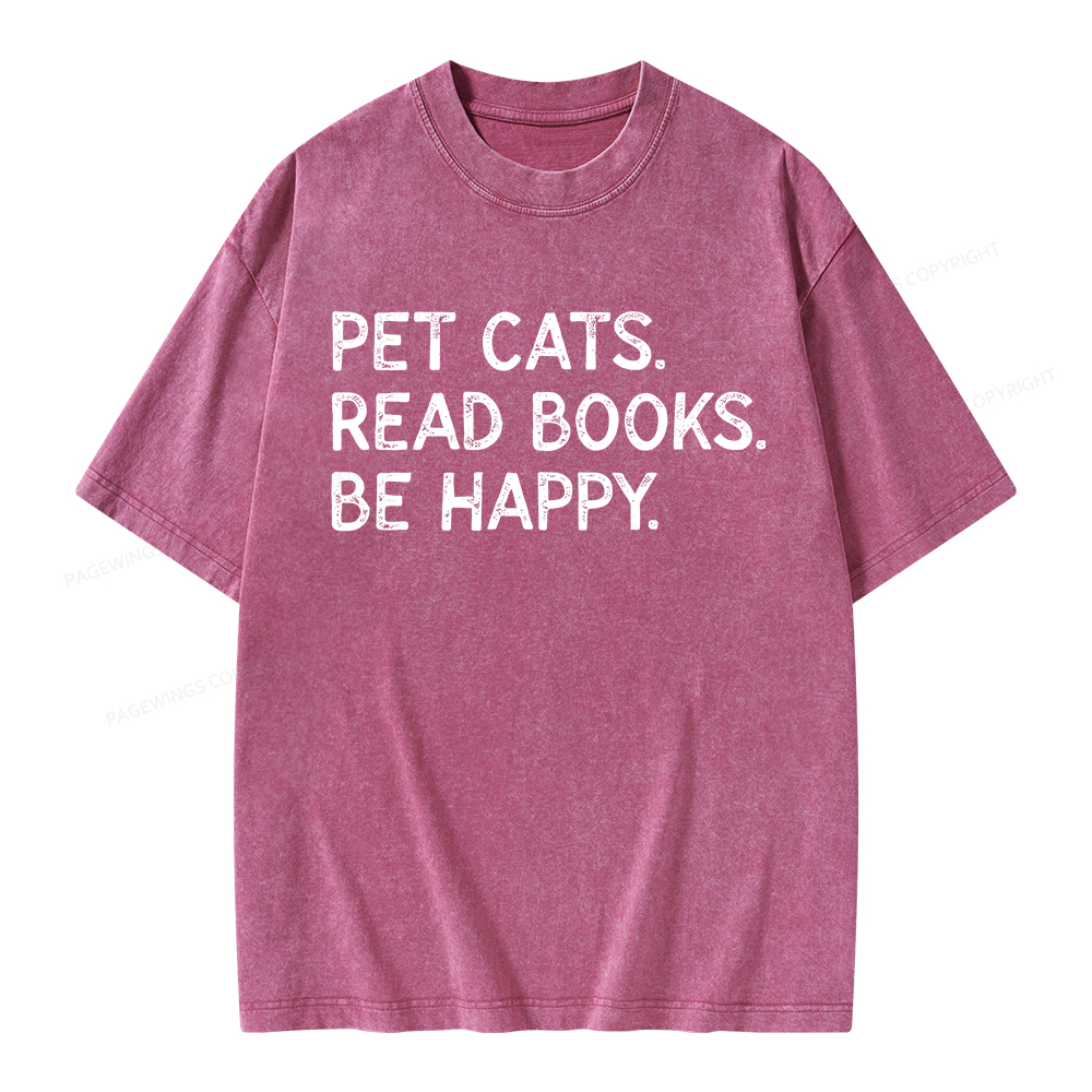 Pagewings Pet Cats Read Books Be Happy Unisex Washed T-shirt