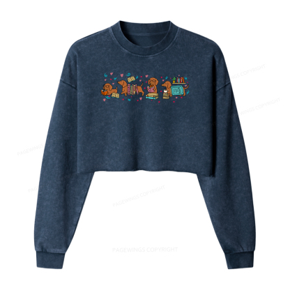 Pagewings Dachshund Book Lover  Washed Crop Sweatshirt
