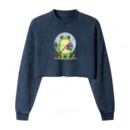 Pagewings Frog Reading Book Washed Crop Sweatshirt